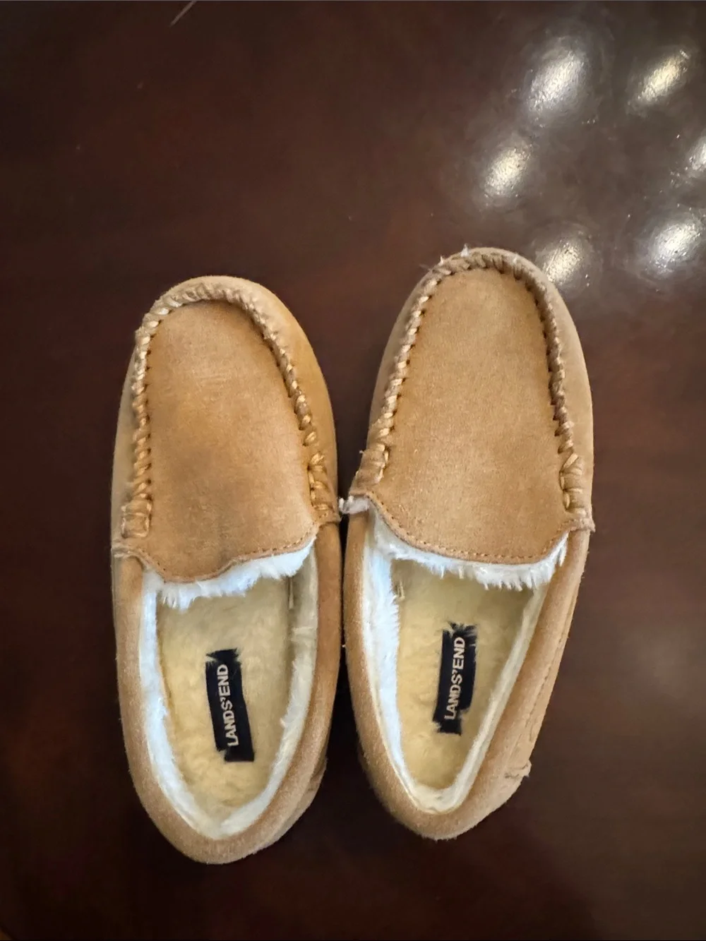 Lands' End Kids Tan Faux-Suede Moccasin Slippers